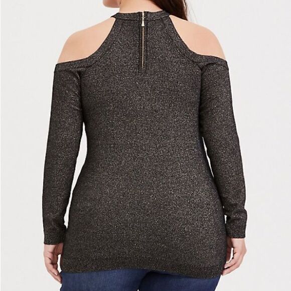Torrid metallic PULLOVER CROSS NECK COLD SHOULDER SWEATER - Picture 2 of 7